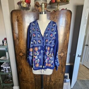 Johnny Was Blue Floral Embroidered Button Down Shirt